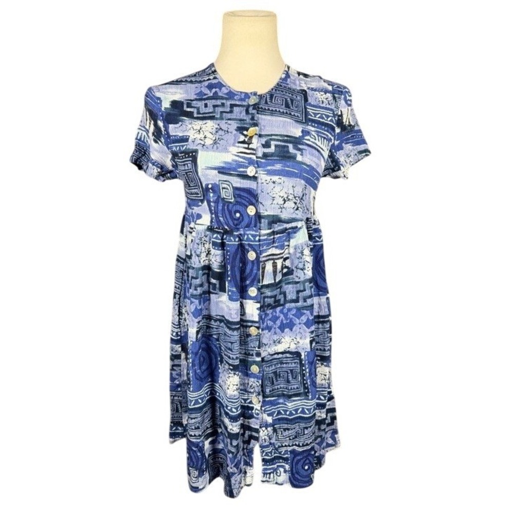 Hilo Hattie Blue White Abstract Tribal Print Rayon Button Front Dress XS Hawaii
